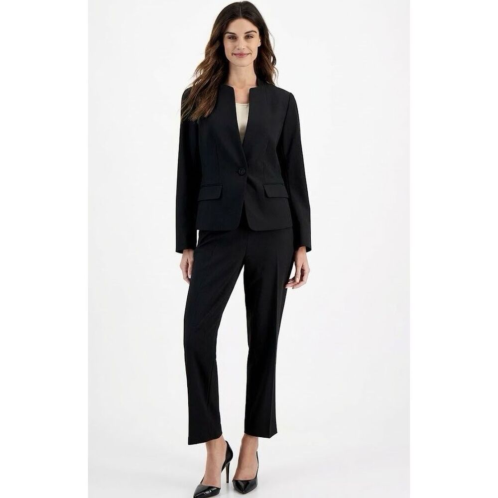 Le Suit 2Pc Professional Stand-Collar One-Button Pantsuit Black 8 Petite